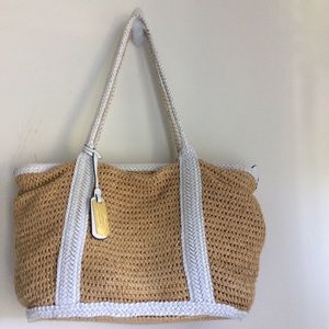 Lauren RALPH Lauren Xl Bag Tote Straw Patent Leather Tan White Coastal Travel